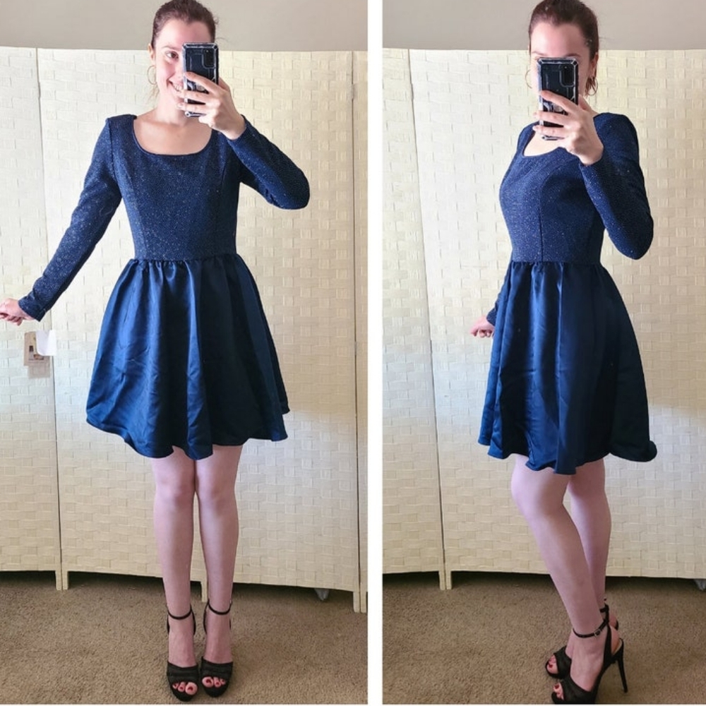 Vintage 80s Scott McClintock Pockets Dress Blue Long Sleeve Formal Homecoming